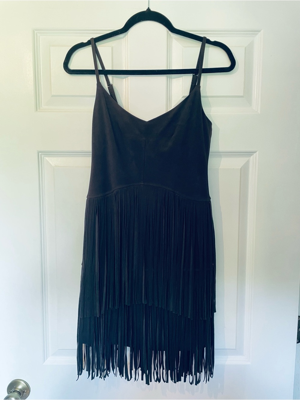 Jessica Simpson Black Suede Fringe Slip Dress with Spaghetti Straps - Picture 2 of 6